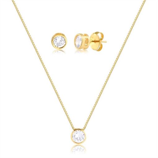 CONJ COLAR E BRINCO C/ PONTO DE LUZ EM ZIRCONIA FOLHEADO A OURO