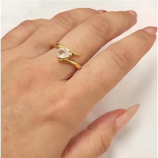 ANEL PEDRA GOTA C/ DET LISO  FOLHEADO A OURO 18K