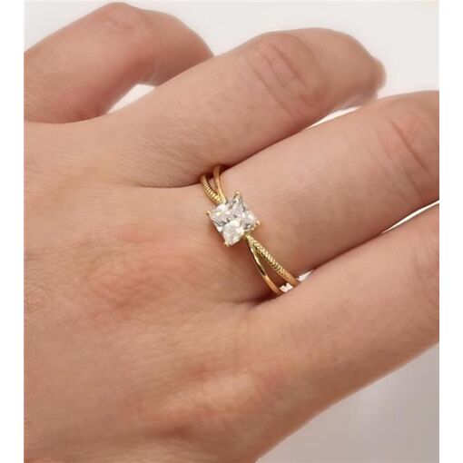 ANEL ARO DUPLO C/ PEDRA QUADRADA  FOLHEADO A OURO 18K