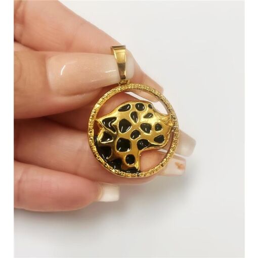 PING MEDALHA ONÇA ESMALTADA 2,5CM FOLHEADO A OURO 18K