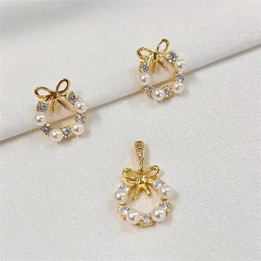 CONJ GUIRLANDA LAÇO C/ PÉROLA  FOLHEADO A OURO 18K