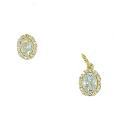 CONJUNTO BR E PING OVAL CRAVEJADO 7MMX9MM FOLHEADO A OURO 18K