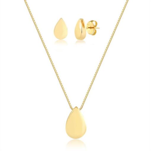 CONJ COLAR E BRINCO FORMATO DE GOTA FOLHEADO A OURO 18K