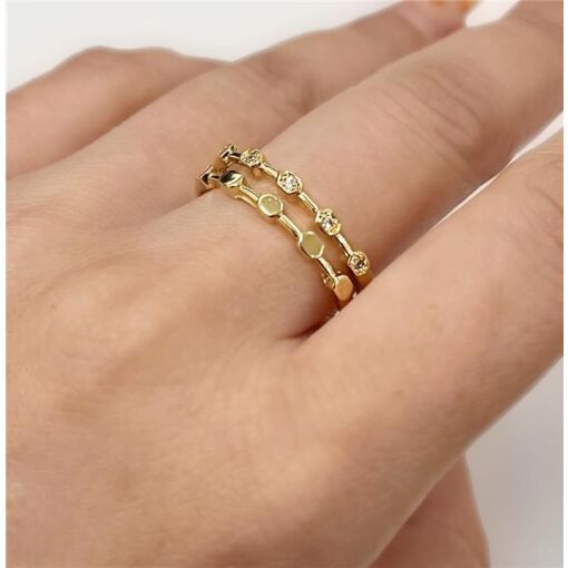 ANEL ARO DUPLO QUAD LISO E CRAV  FOLHEADO A OURO 18K