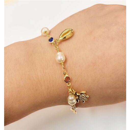 PUL PÉROLAS E PEDRAS C/ PING MAR  FOLHEADO A OURO 18K