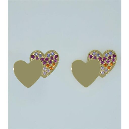 BR PINO 2 CORAÇÕES LISO INTEIRO E CRAVEJADO FOLHEADO A OURO 18K