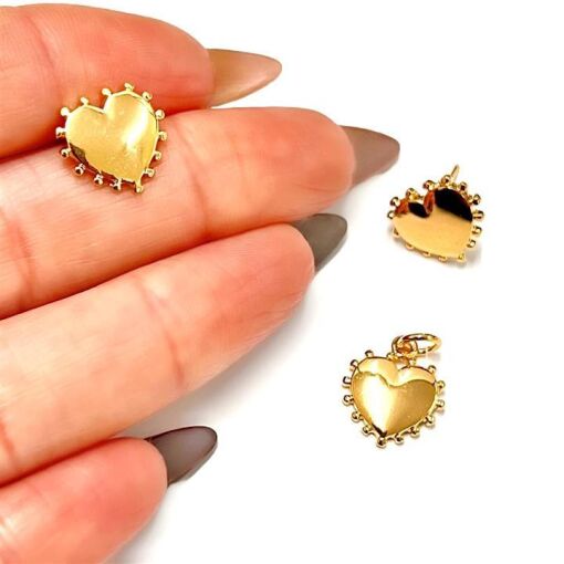 CONJ CORAÇÃO LISO C/ BORDA BOLINHAS FOLHEADO A OURO 18K