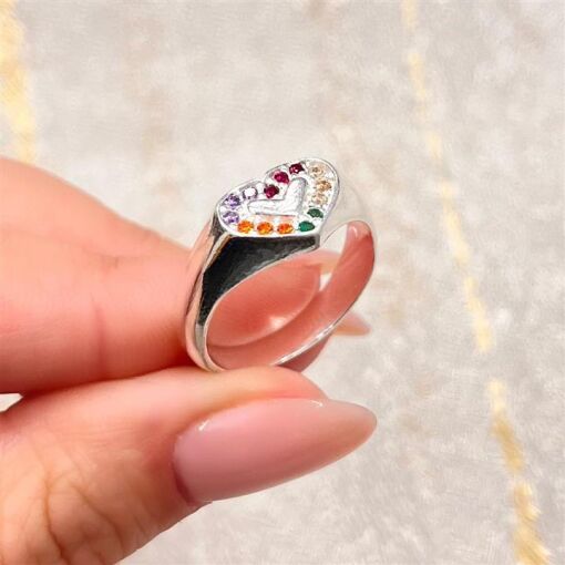 ANEL CORAÇÃO COM ZIRCONIAS COLORIDAS PRATA 925