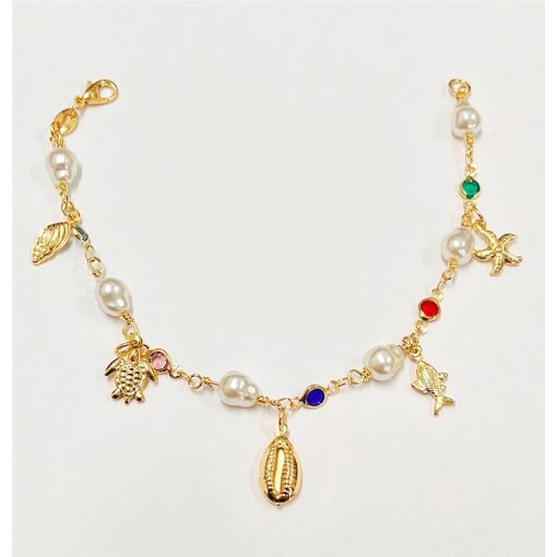 PUL PÉROLAS E PEDRAS C/ PING MAR  FOLHEADO A OURO 18K