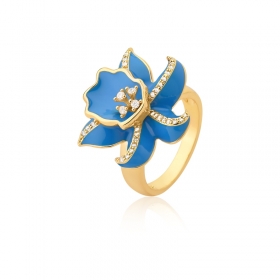 Anel Flor Esmaltado Azul e Zircônias Brancas Folheado a Ouro