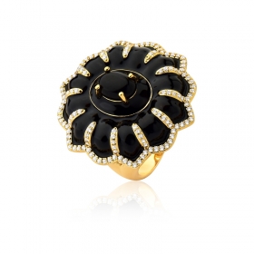 Anel Flor Esmaltado e Pedra Cabochão Preto Folheado a Ouro