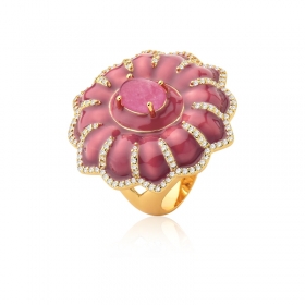 Anel Flor Esmaltado e Pedra Cabochão Cor Marsala Folheado a Ouro