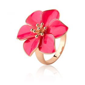 Anel com Flor Esmaltada na Cor Rosa Folheado a Ouro Rosê Escuro