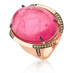 Anel com Cabochão Oval na Cor Rosa Folheado a Ouro Rosê
