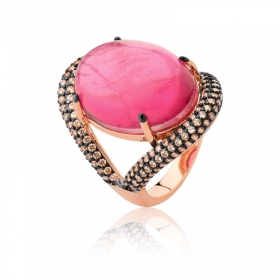 Anel com Pedra Cabochão Oval na Cor Rosa Folheado a Ouro Rosê