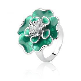 Anel Flor Esmaltado na Cor Verde Folheado a Ródio