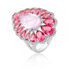 Anel com Cristais em Gota na Cor Pink Folheado a Ródio
