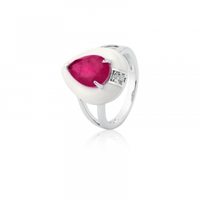 Anel Gota Esmaltado Branco e Cristal Marsala Folheado a Ródio