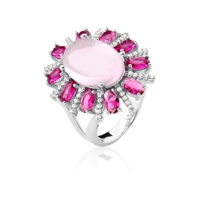 Anel Flor com Cristais e Cabochão Oval Rosa Folheado a Ródio