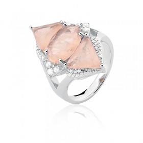 Anel com Cristal Oval/Triangular Fusion Salmão Folheado a Ródio