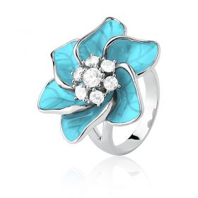 Anel Flor Esmaltado na Cor Azul com Zircônias Folheado a Ródio