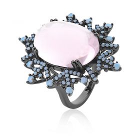 Anel com Cabochão Oval na Cor Rosa Folheado a Ródio Negro