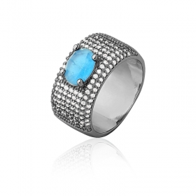 Anel com Cristal Oval Azul Piscina Folheado a Ródio Negro