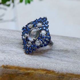 Anel Com Cabochões Cor Ametista Lavanda Folheado a Ródio Negro