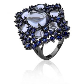 Anel Com Cabochões Cor Ametista Lavanda Folheado a Ródio Negro