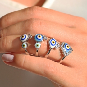 Anel com Dois Olhos Gregos Esmaltados Prata Rodinada