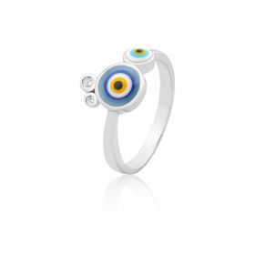 Anel com Dois Olhos Gregos Esmaltados Prata Rodinada