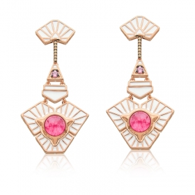 Brinco Pêndulo Esmaltado e Cabochão Rosa Folheado a Ouro Rosê