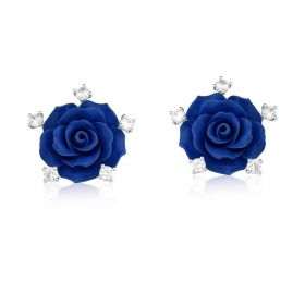 Brinco Flor Baquelite Cor Safira/Pontos de Luz Folheado a Ródio