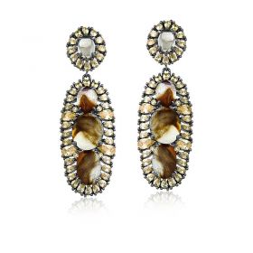 Brinco Pêndulo Com Cabochões Rutilados Folheado a Ródio Negro
