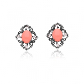 Brinco Flor com Cabochão Oval/Cor Coral Folheado a Ródio Negro