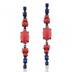 Brinco Pêndulo com Cabochões Corais Folheado a Ródio Negro