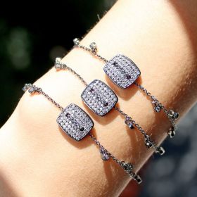 Pulseira com Pingente Retângulo Cravejado Folheada a Ródio Negro
