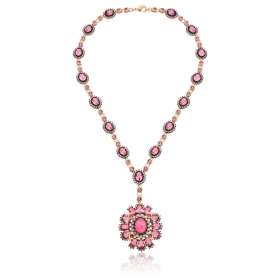Colar com Pingente de Flor Cristais Rosas Folheada a Ouro Rosê