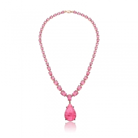 Colar com Cristais em Gota na Cor Rosa Folheado a Ouro Rosê