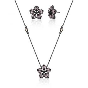 Conjunto Brinco/Corrente e Pingente Flor Folheado a Ródio Negro