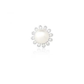 Conjunto Brinco/Pingente e Anel Flor Perola Prata Rodinada