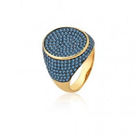 Anel Oval Cravejado com Zircônias Azuis Folheado a Ouro