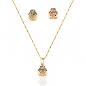 Conjunto Kids Brinco e Corrente com Pingente Folheado a Ouro