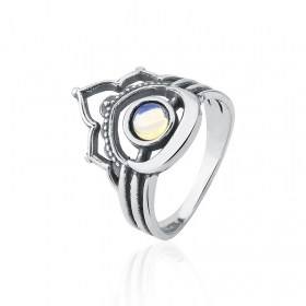 Anel Liso com Pedra Cabochão Azul Transparente Prata Envelhecido