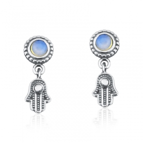 Brinco Redondo com Cabochão e Mão de Fátima Prata Envelhecida