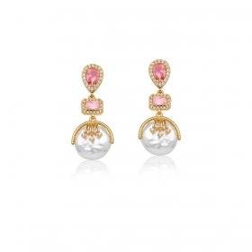 Brinco Pêndulo com Cristais Cor Rosa e Perola Folheado a Ouro