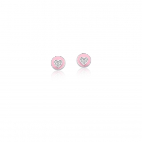 Brinco Redondo Esmaltado Rosa e Coração Branco Prata Rodinada