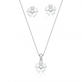Conjunto Brinco e Corrente com Pingente Flor Prata Rodinada