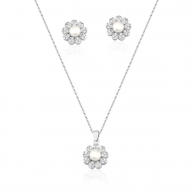 Conjunto Brinco e Corrente com Pingente Flor Prata Rodinada
