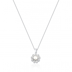 Conjunto Brinco e Corrente com Pingente Flor Prata Rodinada
